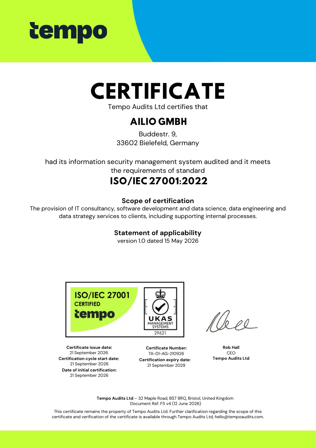 Ailio GmbH ISO/IEC 27001:2022 certificate