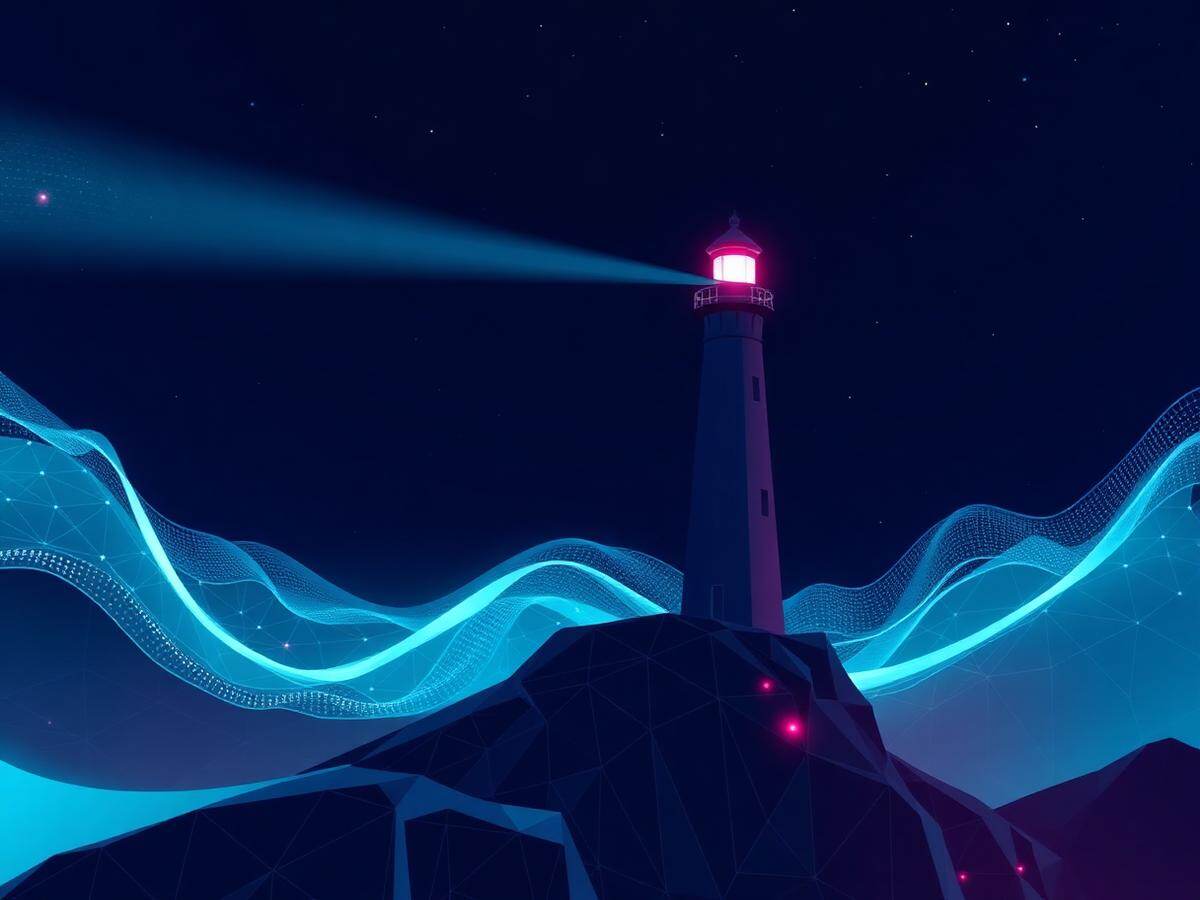 Leuchtturmprojekt als Lichtstrahl aus Datenpunkten über einer Industrieanlage